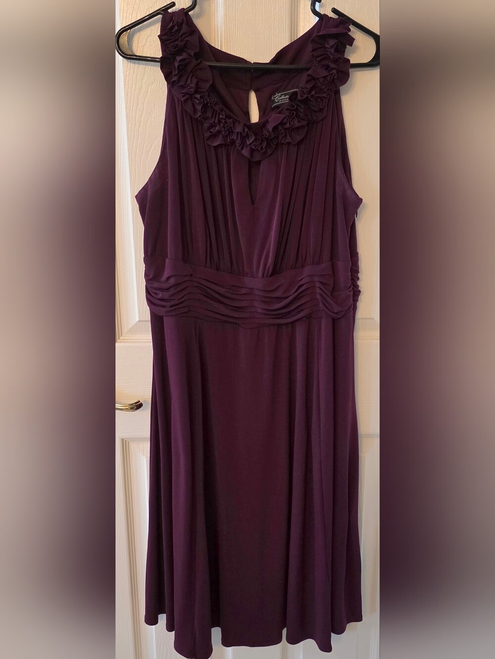 Dressbarn Plum Sleeveless Midi Dress with Ruffled Neckline and Ruched Waist
